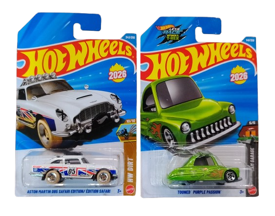 Hot Wheels Aston Martin DB5 Safari Edition and Tooned Purple Passion