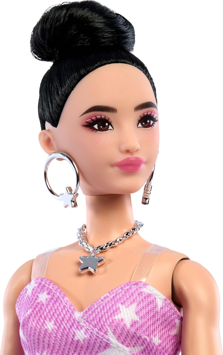 Barbie Deluxe Style Fashion Doll #11 in Pink Denim Star-Print Dress, Black Hair in Bun
