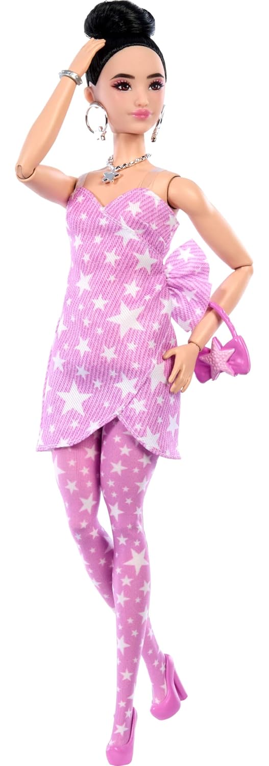 Barbie Deluxe Style Fashion Doll #11 in Pink Denim Star-Print Dress, Black Hair in Bun