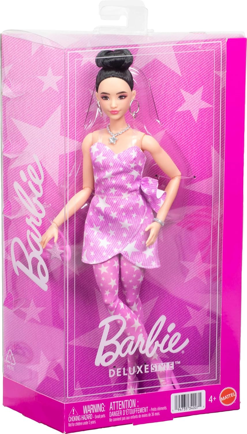 Barbie Deluxe Style Fashion Doll #11 in Pink Denim Star-Print Dress, Black Hair in Bun