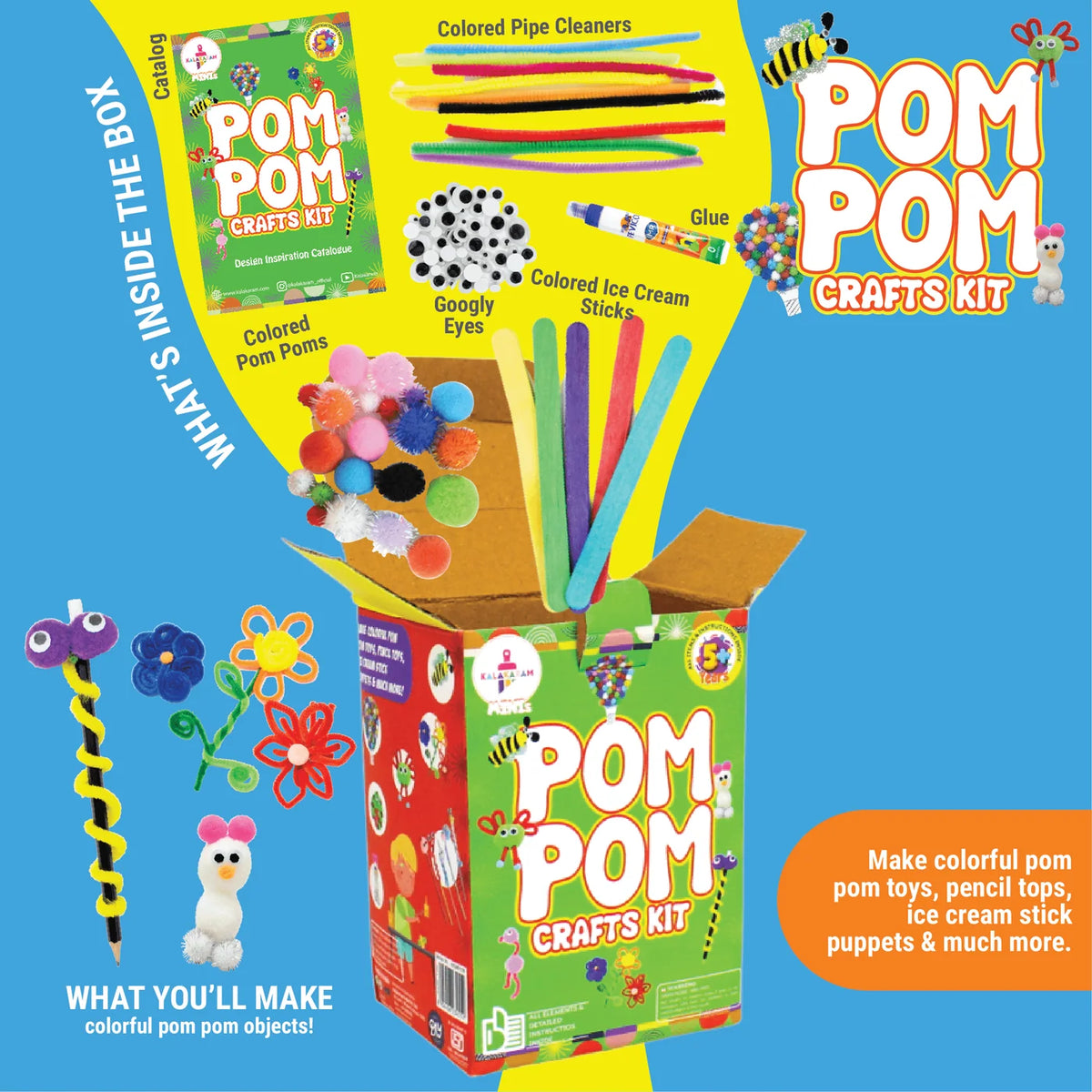 Kalakaram Mini Pom Pom Craft Kit Fuzzy Fun Easy Craft