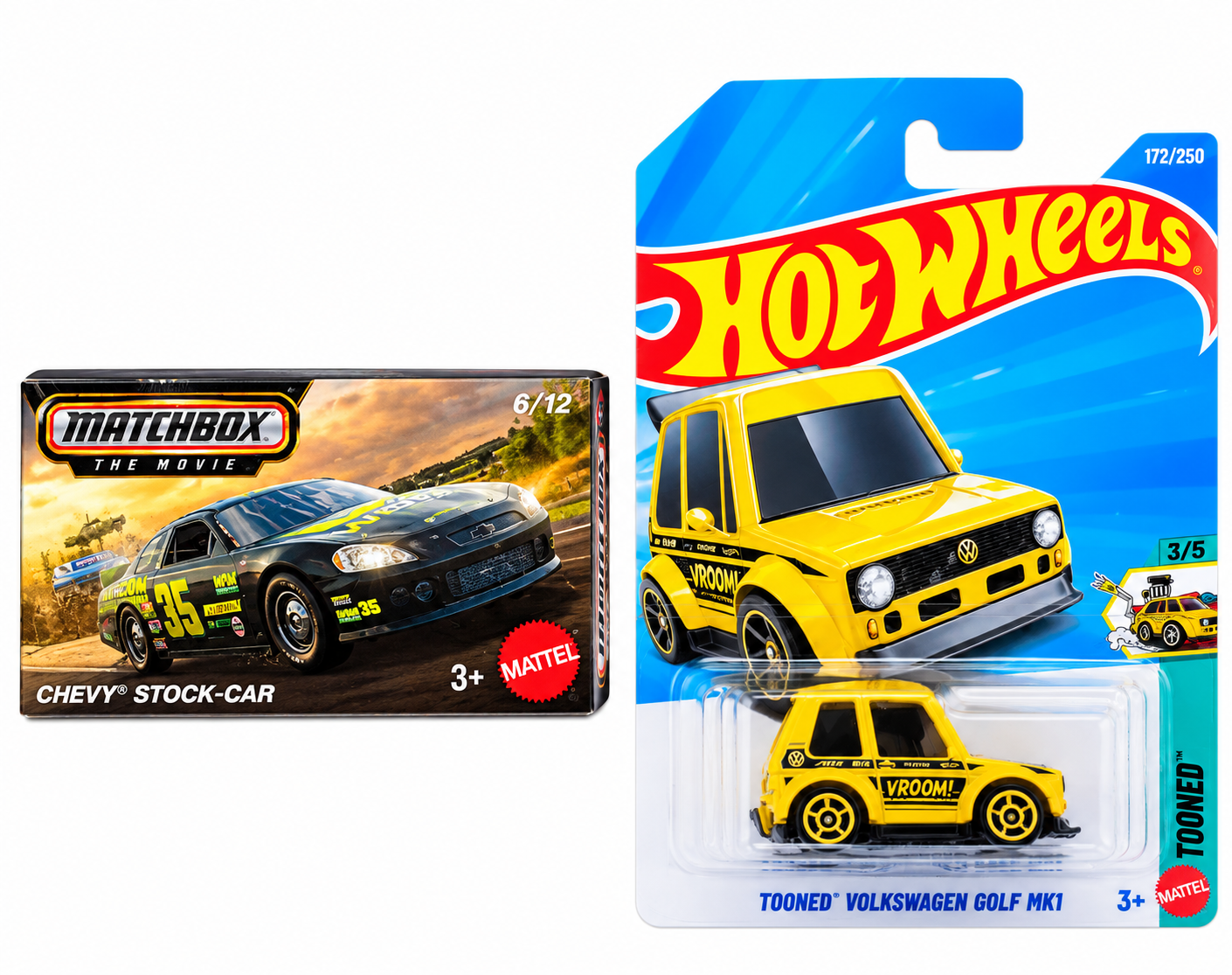 Matchbox Chevy Stock-Car and Hot Wheels Tooned Volkswagen Golf MK1