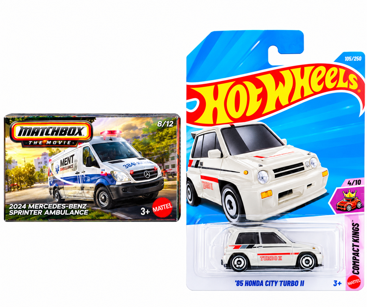 Matchbox 2024 Mercedes-Benz Sprinter Ambulance and Hot Wheels '85 Honda City Turbo