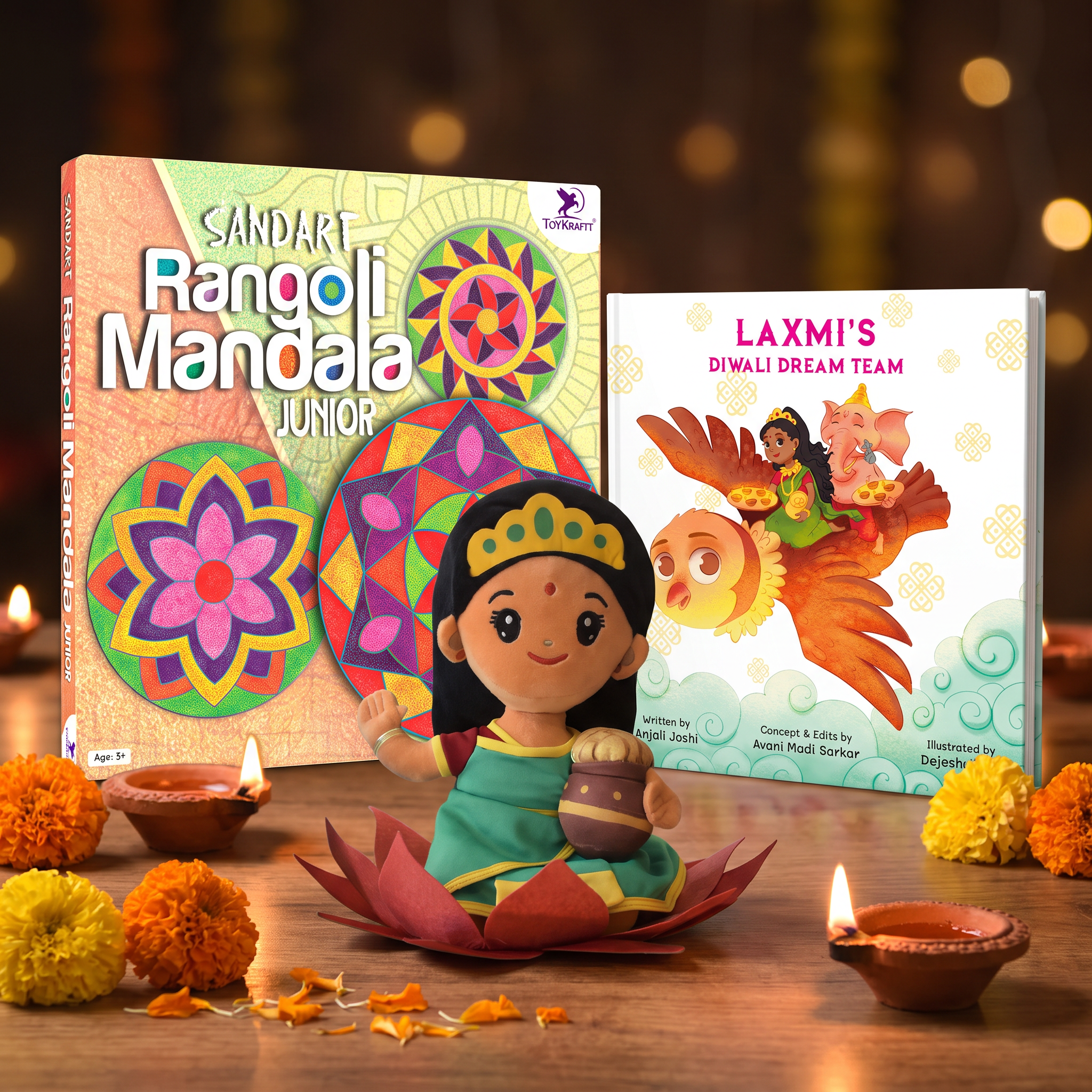 Diwali gift combo with Modi Toys Laxmi Devi mantra singing plush, Laxmi's Diwali Dream Team book and Toykraft Sand Art Rangoli Mandala Junior kit