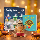Diwali gift combo with Modi Toys Baby Hanuman mantra singing plush, Hanuman and His Hidden Powers board book and Toykraft Candles From Pretty Pots kit