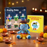 Diwali gift combo with Modi Toys Baby Krishna mantra singing plush, The Curious Case of Krishna board book and Toykraft Candles From Pretty Pots kit