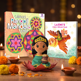 Diwali gift combo with Modi Toys Laxmi Devi mantra singing plush, Laxmi's Diwali Dream Team book and Toykraft Sand Art Rangoli Mandala Junior kit