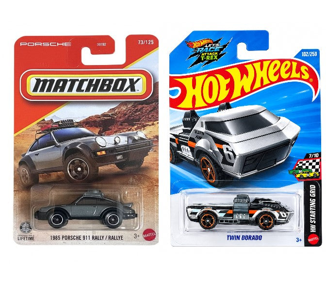 Matchbox 1985 Porsche 911 Rally and Hot Wheels Twin Dorado