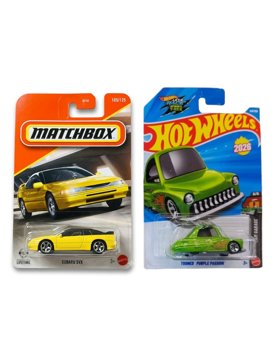 Matchbox Subaru SVX and Hot Wheels Tooned Purple Passion