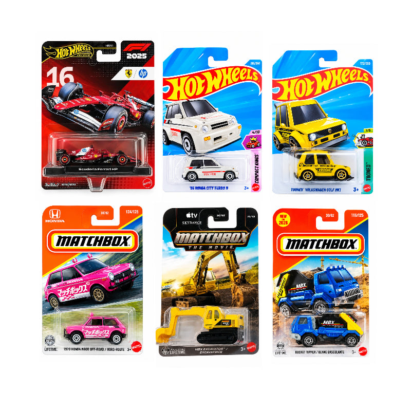 Hot Wheels F1 2025 Scuderia Ferrari HP #16 , '85 Honda City Turbo II, Tooned Volkswagen Golf MK1, Matchbox 1970 Honda N600 Off-Road, MBX Excavtor and Bucket Tipper