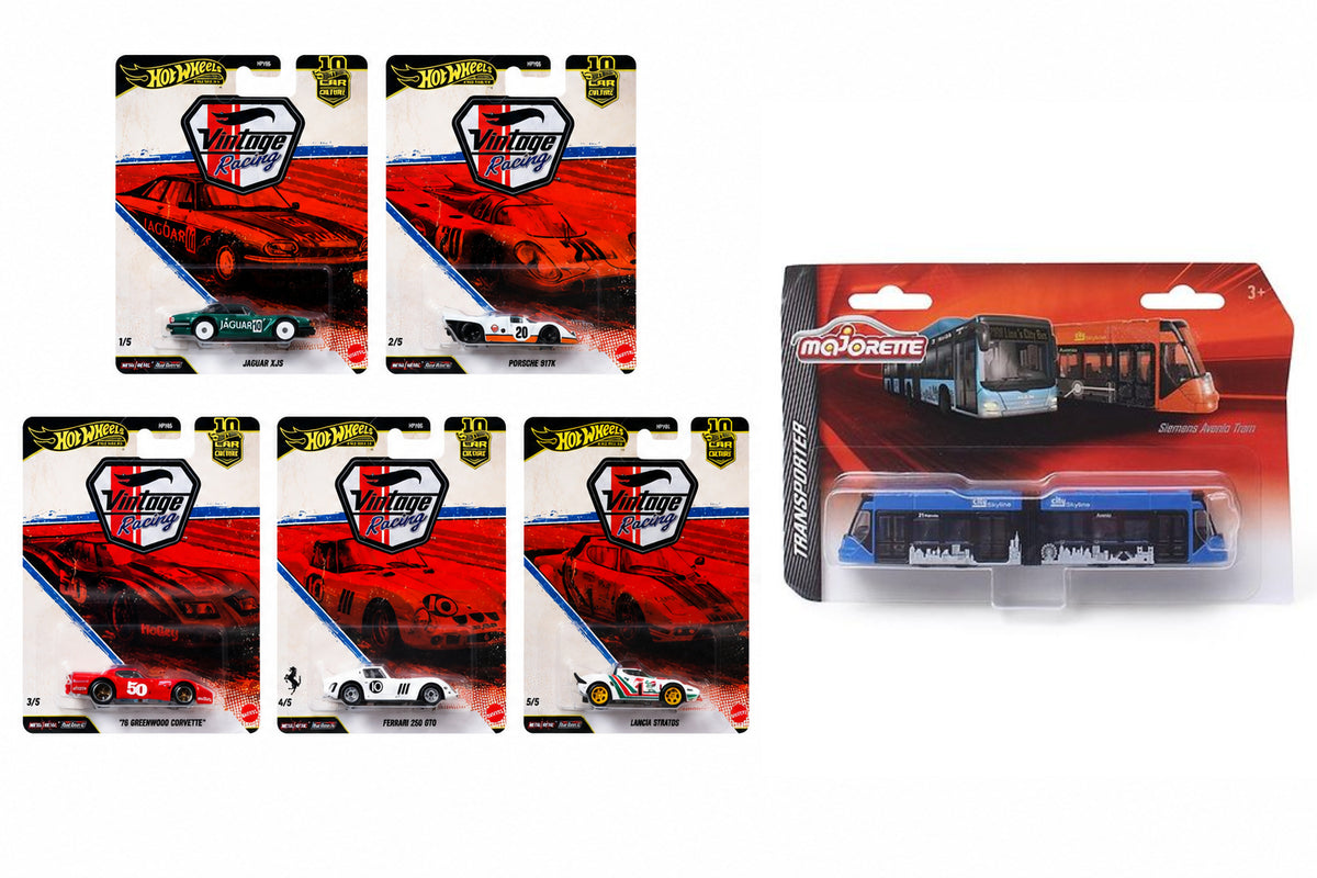 Hot Wheels Premium 2026 | Vintage Racing Set of 5 & Majorette Transporter Siemens Avenio Tram -Blue