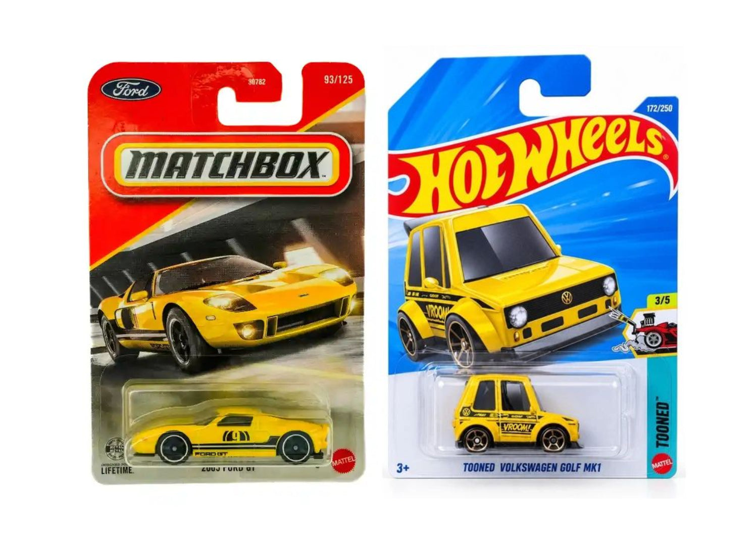 Matchbox 2005 Ford GT and Hot Wheels Tooned Volkswagen Golf MK1
