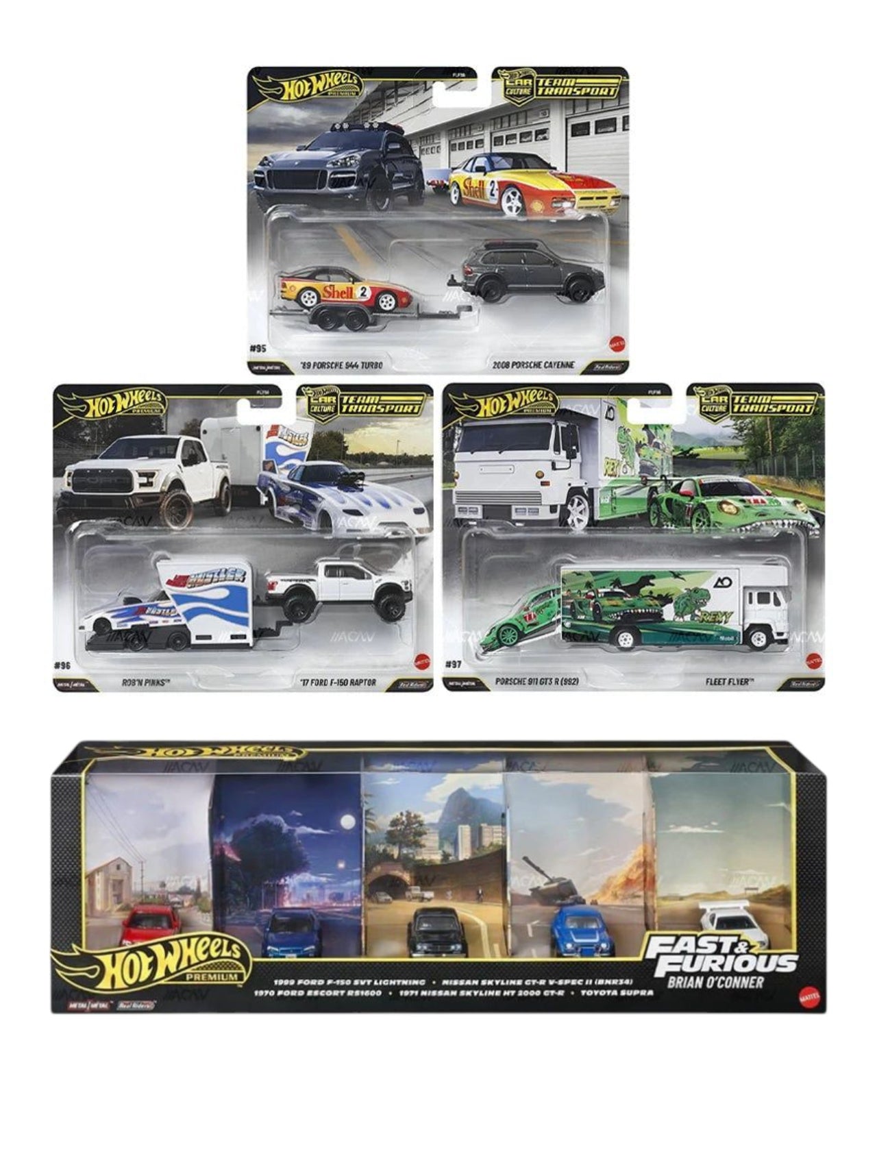 Hot Wheels Team Transport Set of 3 and Fast & Furious Diorama Brian O'Conner 5-Car Collector Set