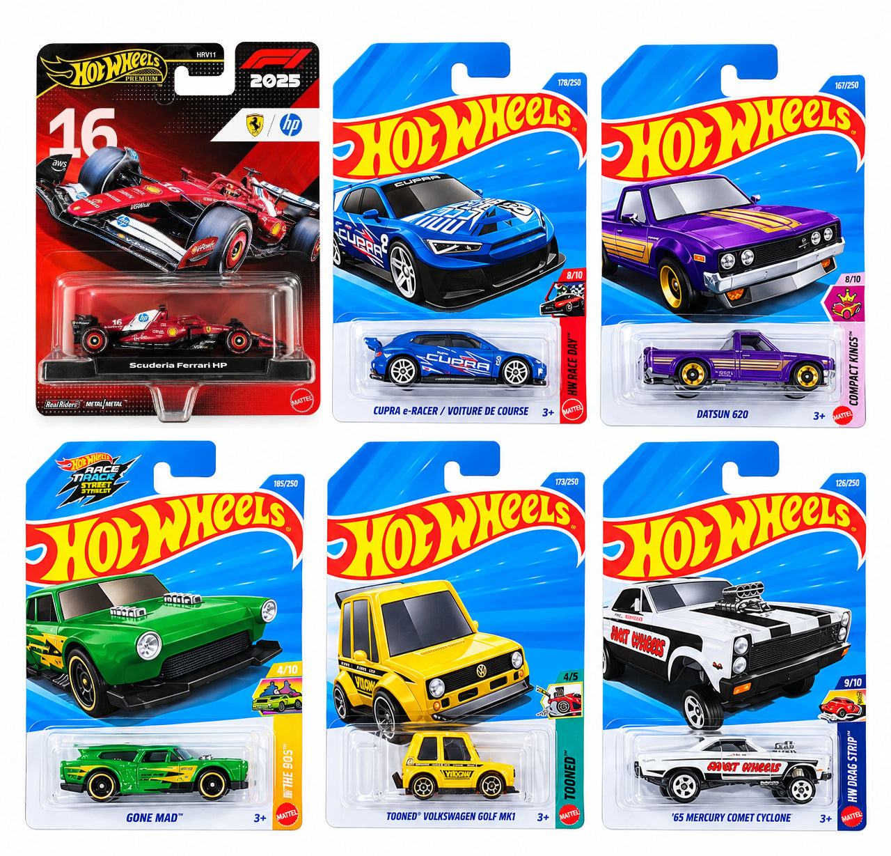 Hot Wheels F1 2025 Scuderia Ferrari HP #16 , Cupra e-Racer / Voiture De Course, Datsun 620, Gone Mad, Tooned Volkswagen  Golf MK1 and '85 Mercury Comet Cyclone