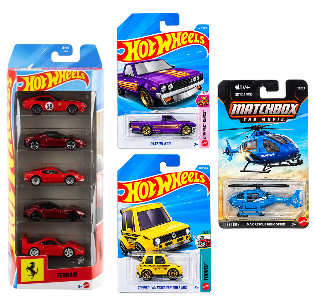 Hot Wheels Ferrari 5 Car Pack, Datsun 620, Tooned Volkswagen Golf MK1 and Matchbox MBX Rescue Helicopter