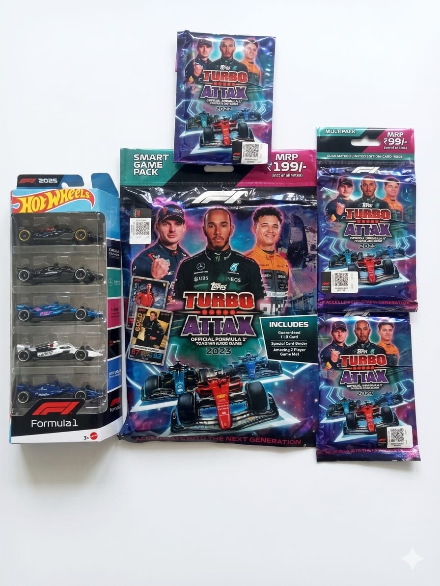 Hot Wheels 2025 Formula 5 Car Pack And Topps F1 Turbo Attax 2023 – Smart Game Pack & Topps Turbo Attax 21-Card Packs (3)