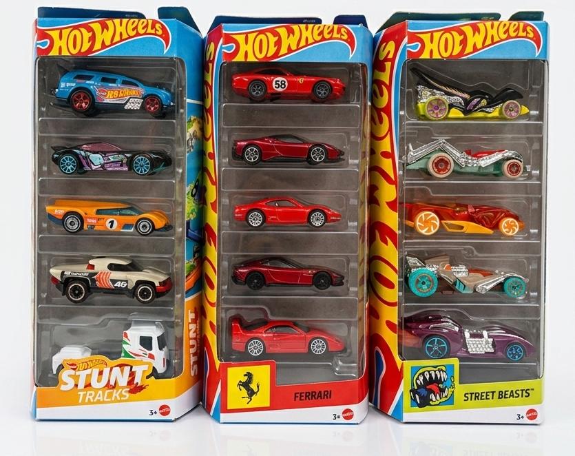 Hot Wheels 5 Car Pack Combo-HW Ferrari, Street Beasts and Stunt Tracks