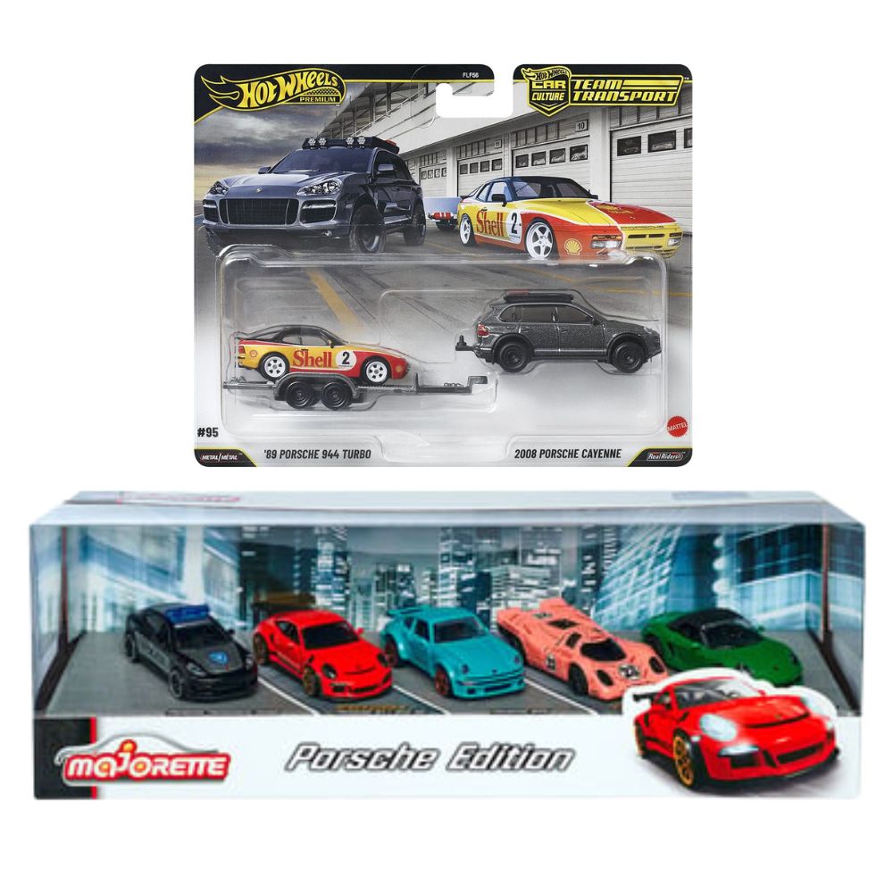 Majorette Die Cast Porsche Edition 5 Car pack And Hot Wheels Team Transport '89 Porsche 944 Turbo
