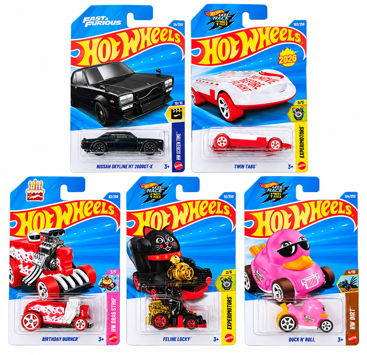 Hot Wheels Nissan Skyline HT 2000GT-X ( Silver Mark ), Twin Tags, Birthday Burner, Feline Lucky and Duck N' Roll