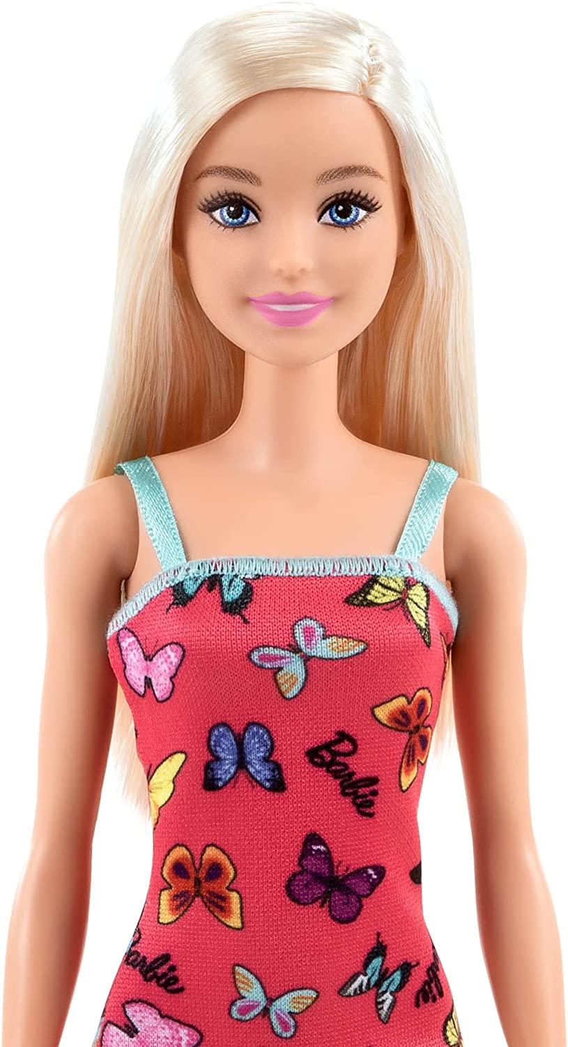 Barbie Doll With Colorful Butterfly And Barbie Logo Print Dress & Strappy Heels