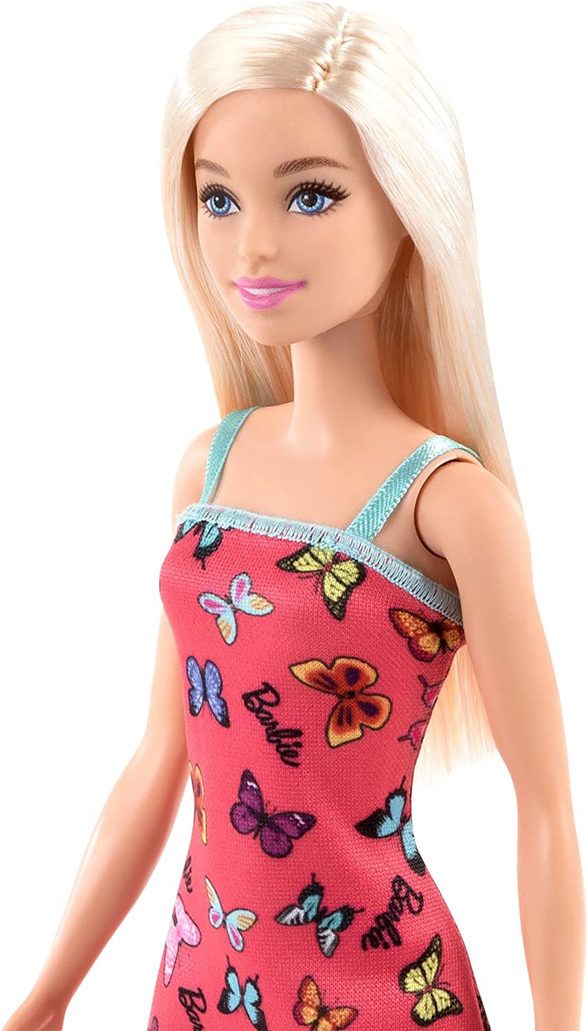 Barbie Doll With Colorful Butterfly And Barbie Logo Print Dress & Strappy Heels