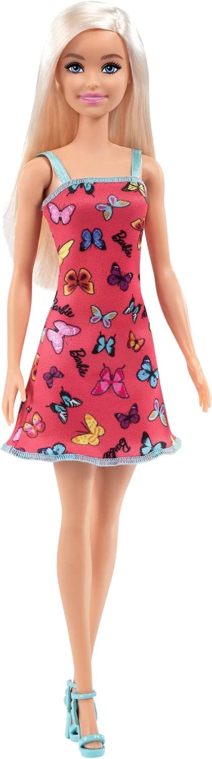 Barbie Doll With Colorful Butterfly And Barbie Logo Print Dress & Strappy Heels