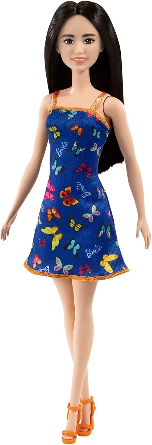 Barbie Doll With Blue Butterfly And Barbie Logo Print Dress & Strappy Heels