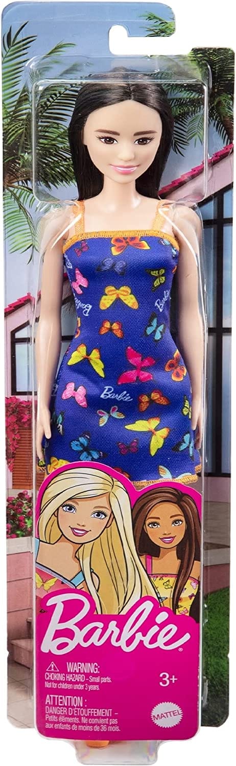 Barbie Doll With Blue Butterfly And Barbie Logo Print Dress & Strappy Heels