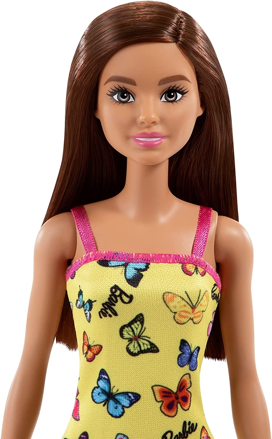 Barbie Doll With Yellow Butterfly And Barbie Logo Print Dress & Strappy Heels