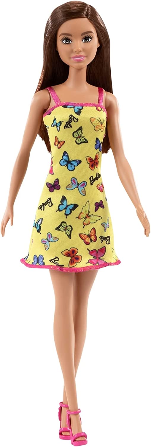 Barbie Doll With Yellow Butterfly And Barbie Logo Print Dress & Strappy Heels