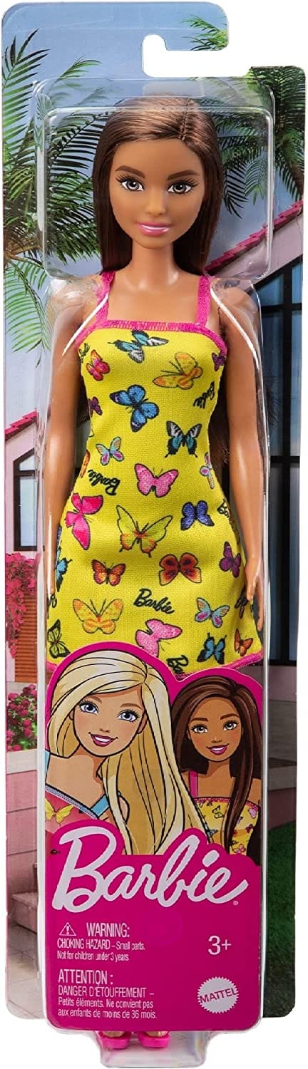 Barbie Doll With Yellow Butterfly And Barbie Logo Print Dress & Strappy Heels