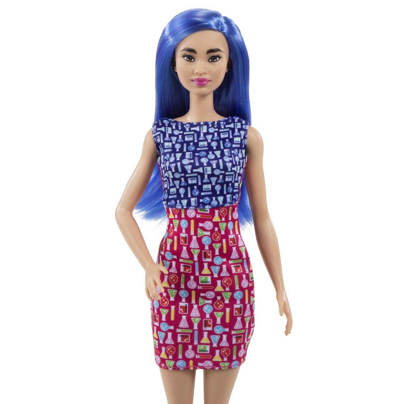 Barbie Scientist Doll, Blue Hair, Color Block Dress, Lab Coat & Flats, Microscope Accessory
