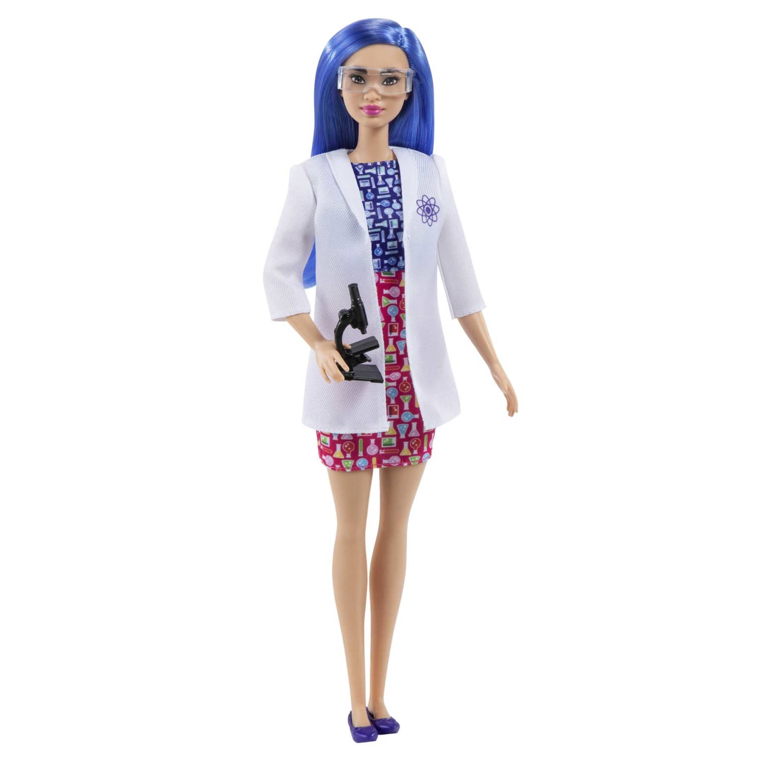 Barbie Scientist Doll, Blue Hair, Color Block Dress, Lab Coat & Flats, Microscope Accessory