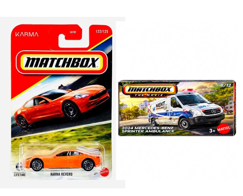 Matchbox Karma Revero and Matchbox 2024 Mercedes-Benz Sprinter Ambulance