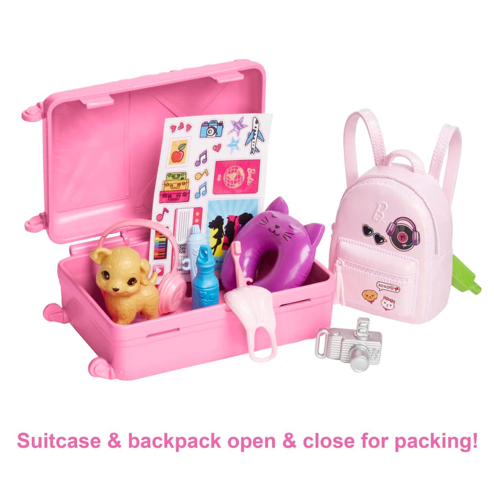 Barbie Doll And Accessories, 'Malibu' Travel Set With Puppy And 10+ Pieces Including Working Suitcase
