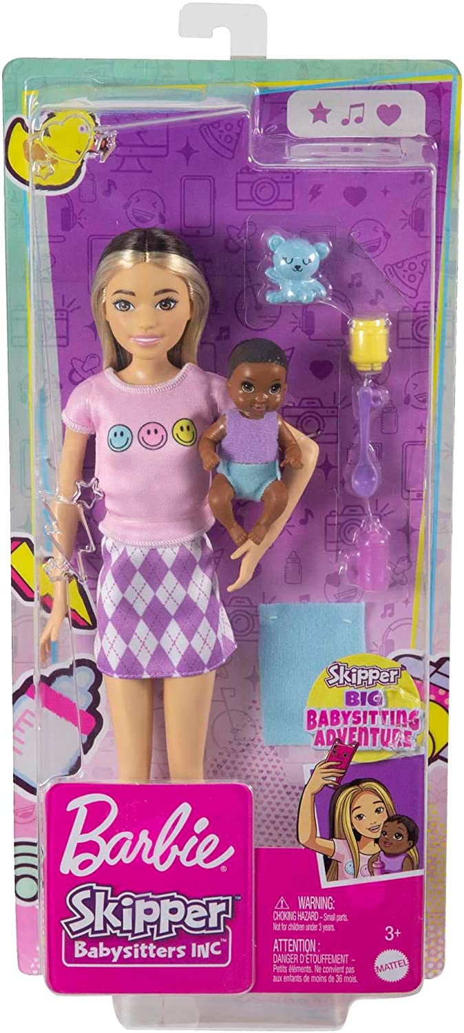 Barbie Dolls And Accessories, Skipper Doll With Baby Figure And 5 Accessories, Babysitters Inc. Playset