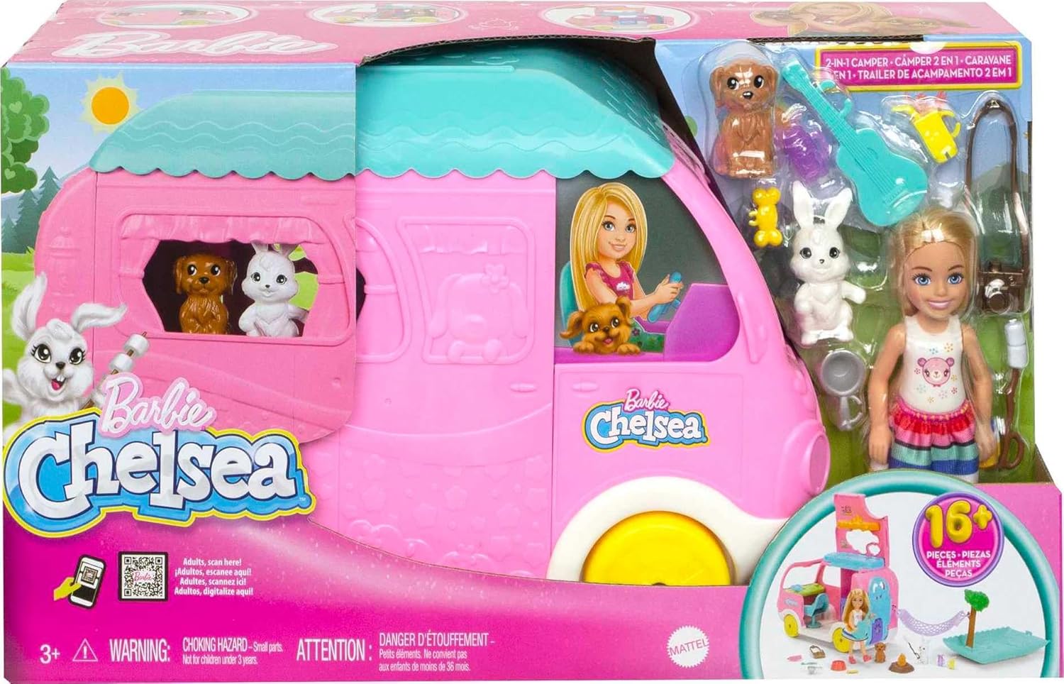 Barbie Chelsea 2-in-1 Camper Playset With Chelsea Small Doll, 2 Pets & 15 Accessories