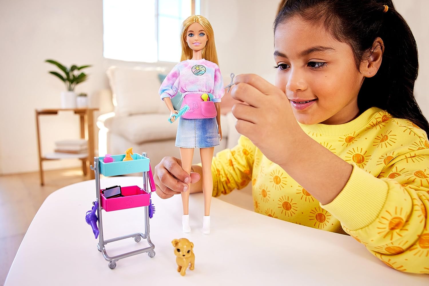 Barbie “Malibu” Stylist Doll & 14 Accessories Playset, Hair & Makeup Theme With Puppy & Styling Cart