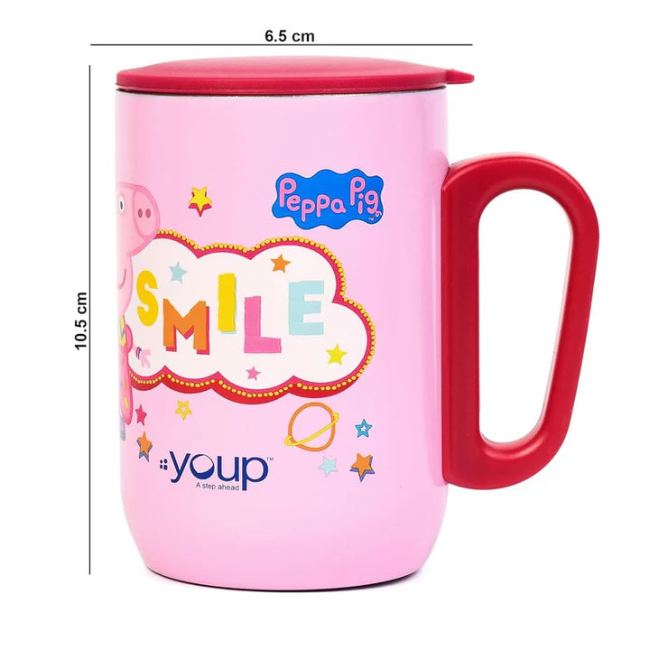 YOUP Stainless Steel Pink Color Peppa Pig Smile Kids Insulated Mug with Cap SORSO-PPM- 320 ml