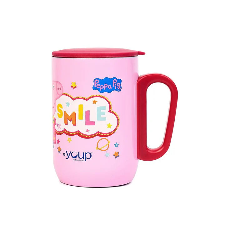 YOUP Stainless Steel Pink Color Peppa Pig Smile Kids Insulated Mug with Cap SORSO-PPM- 320 ml