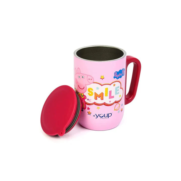 YOUP Stainless Steel Pink Color Peppa Pig Smile Kids Insulated Mug with Cap SORSO-PPM- 320 ml
