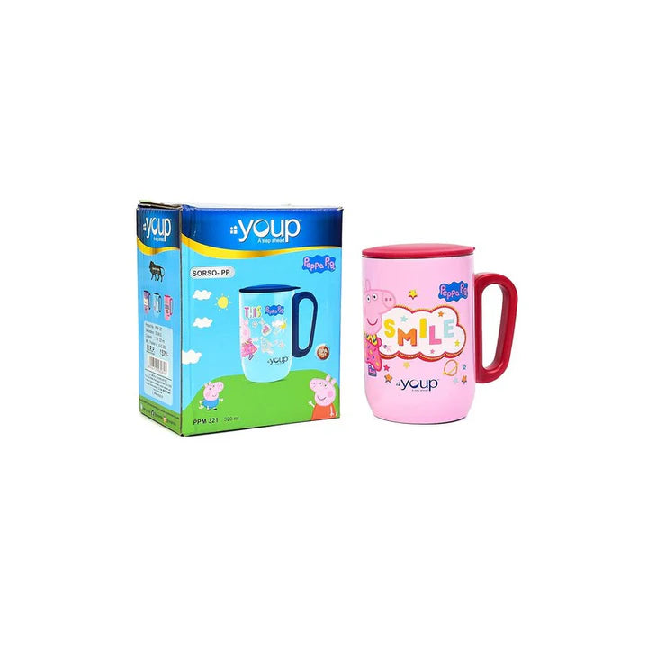YOUP Stainless Steel Pink Color Peppa Pig Smile Kids Insulated Mug with Cap SORSO-PPM- 320 ml