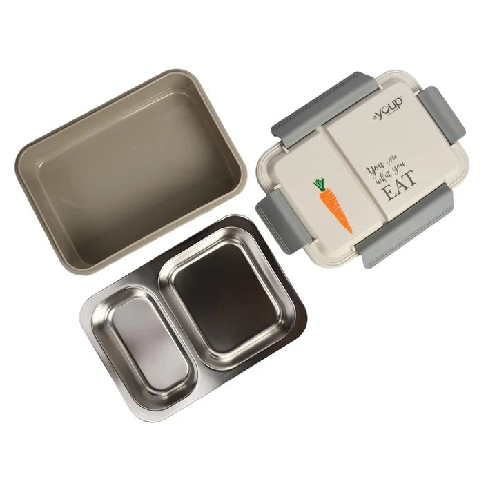 YOUP Stainless Steel Grey Color Kids Lunch Box With 2 Compartments DONUT -750 ml