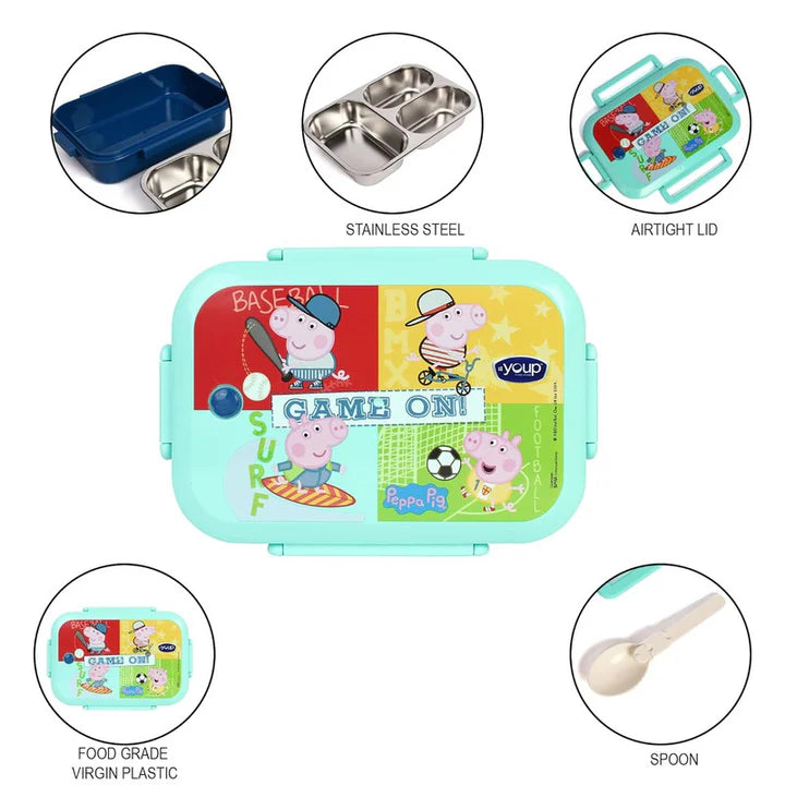 YOUP Stainless Steel  Peppa Pig Theme Kids Bento Lunch Box With 3 Compartments SUBLIME - 900 ml