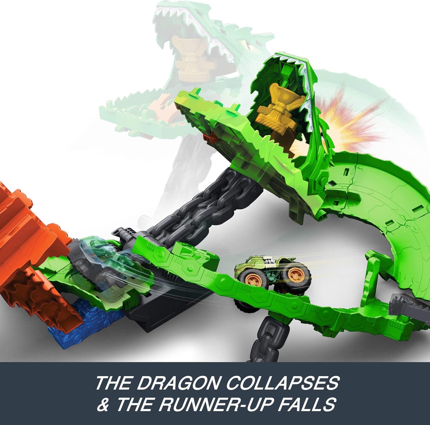 Hot Wheels Monster Trucks Sharks vs Dinos Dragon Destruction Playset & 2 Toy Trucks