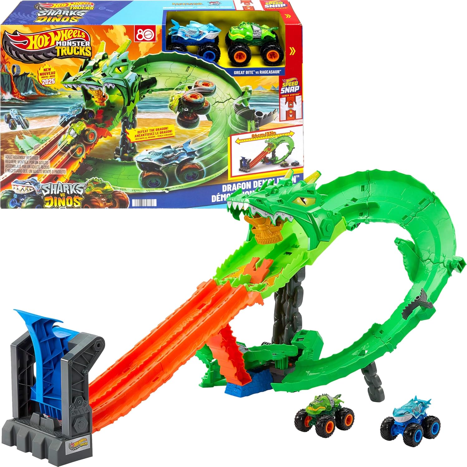 Hot Wheels Monster Trucks Sharks vs Dinos Dragon Destruction Playset & 2 Toy Trucks