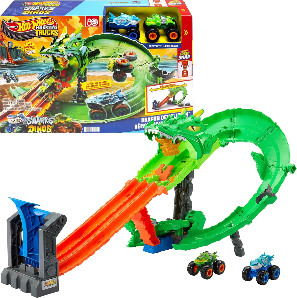 Hot Wheels Monster Trucks Sharks vs Dinos Dragon Destruction Playset & 2 Toy Trucks