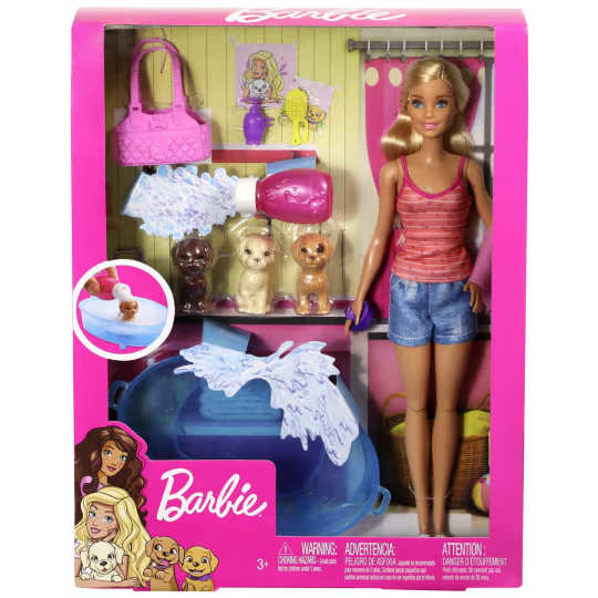 Barbie Doll, Blonde, And Playset With 3 Puppies, Bathtub And Accessories