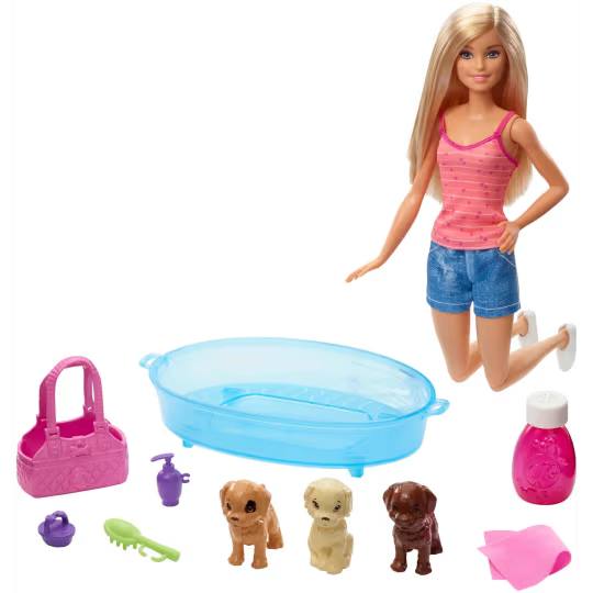 Barbie Doll, Blonde, And Playset With 3 Puppies, Bathtub And Accessories