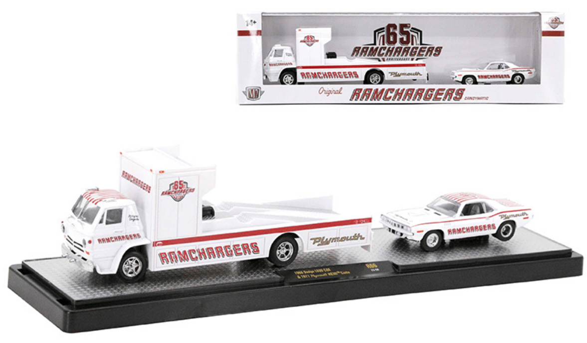 M2 Machines Diecast 1:64 Auto-Haulers Release 66 - Ramchargers - 1966 Dodge L600 COE & 1971 Plymouth HEMI Cuda